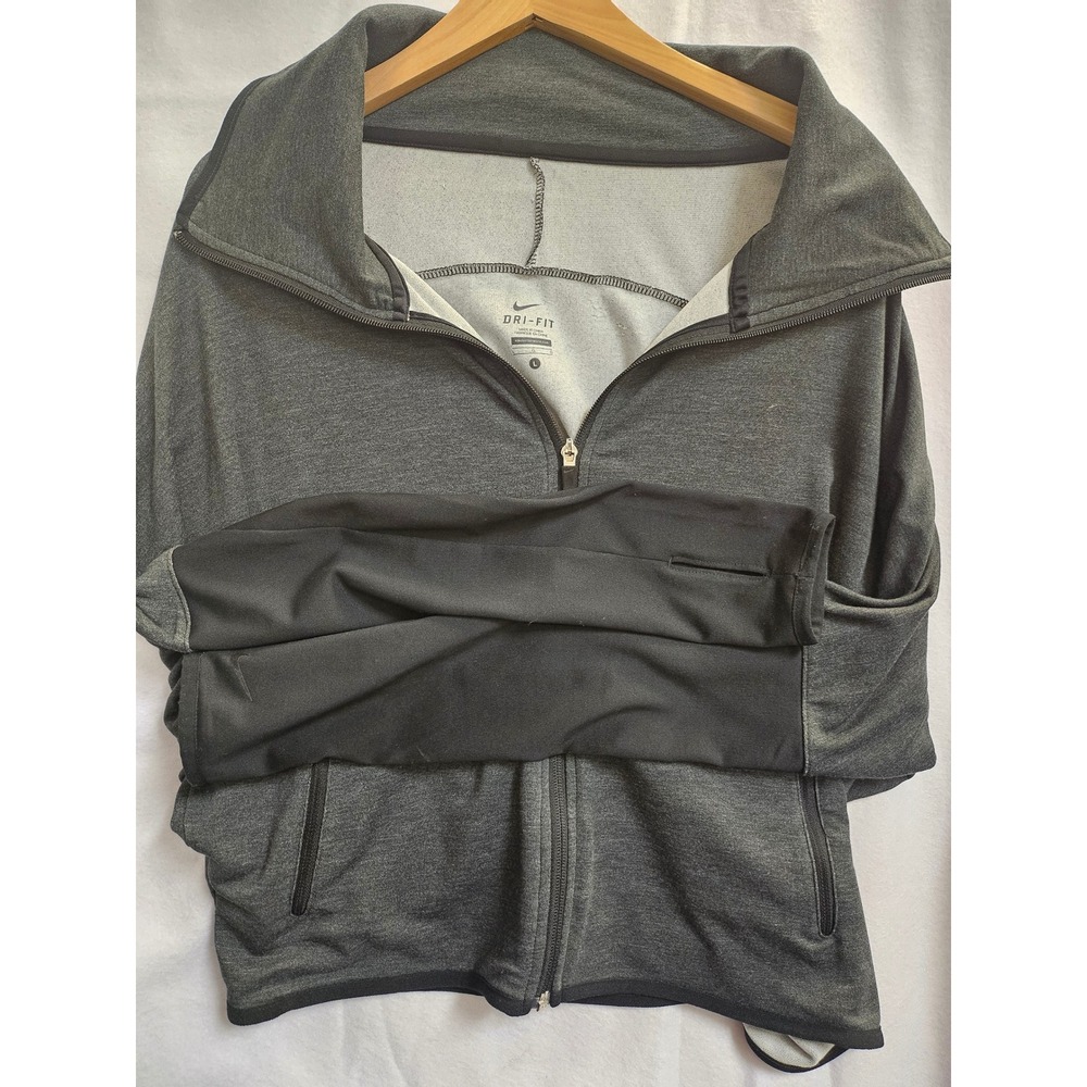 Nike Dri-FIT Women L Gray Full Zip Dolman Jacket Thumbholes Funnel Neck 910